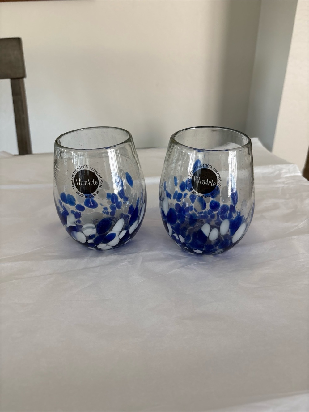 Mexican Hand Blown Stemless Wine Glasses Blue White Confetti Art Glass Set of 2